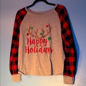 Happy Holidays Plaid Sleeve Sweater MEDIUM